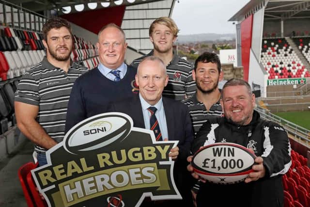 At the launch (L-R) Wiehahn Herbst (Ulster Rugby), Patrick Baird, (Adult winner 2018), Nick Fullerton (Director, SONI), Rob Lyttle (Ulster Rugby), Marcell Coetzee (Ulster Rugby), Noel Brown (Youth & Mini Rugby winner 2018)