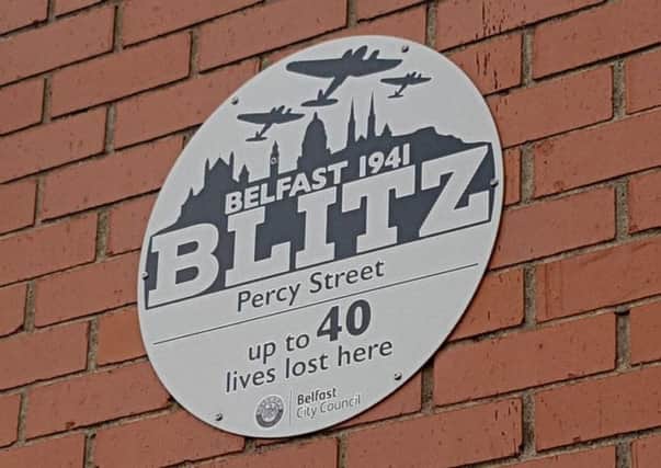 The Blitz plaque at Percy Street, Belfast