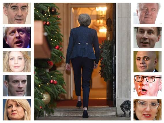 Who will replace Theresa May (centre) as leader of the Conservatives? - left column, from top to bottom: Jacob Rees-Mogg, Boris Johnson, Penny Mordaunt, Dominic Raab and Esther McVey; right column, from top bottom, David Davis, Jeremy Hunt, Sajid Javid, Michael Gove and Amber Rudd.