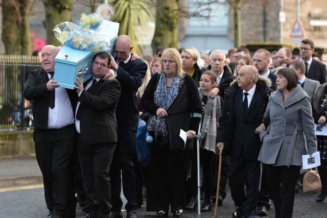 Family and friend during the funeral of Kai Corkumh in Newtownards on Wednesday. 
The three year old died after being hit by a car near his Newtownards home.

 Picture  Colm Lenaghan /Pacemaker