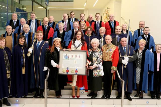 Elected representatives of Mid and East Antrim attended a presentation of the borough's new coat of arms at the Braid, in Ballymena. Also  in attendance were chief executive Anne Donaghy, Lord Lieutenant of County Antrim Joan Christie and Timothy Duke, of Norroy and Ulster King of Arms.