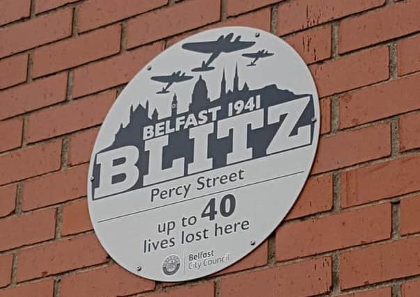A plaque at Percy Street marking the lives lost in the area during the Belfast Blitz in 1941.