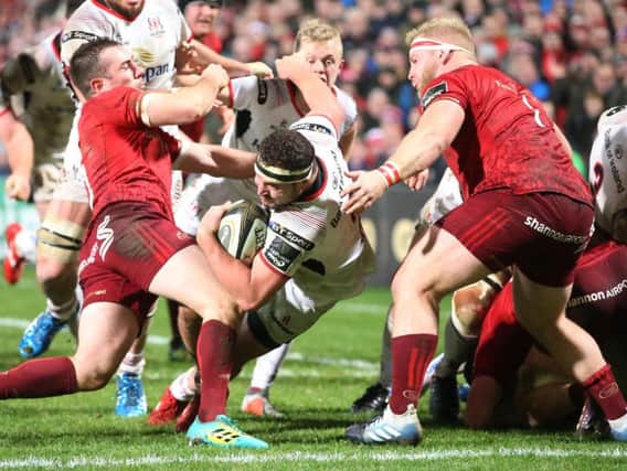 Rob Herring scores a try for Ulster in the win over Munstrer