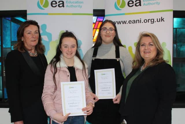 Pictured (l-r) Patricia Carville EA Board Member, Amy Boyle, St Louis GS Ballymena, Oonagh Rice Assumption GS, Ballynahinch and Sharon O'Connor EA Chair. Missing from the photo is Peter McCreesh St Louis GS, Kilkeel.