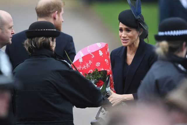 The Duchess of Sussex and the Duke of Sussex arriving to attend the Christmas Day morning church service at St Mary Magdalene Church in Sandringham, Norfolk. Photo: Joe Giddens/PA Wire
