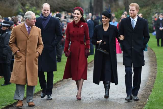 The Prince of Wales, the Duke of Cambridge, the Duchess of Cambridge, the Duchess of Sussex and the Duke of Sussex arriving to attend the Christmas Day morning church service at St Mary Magdalene Church in Sandringham, Norfolk. Photo: Joe Giddens/PA Wire