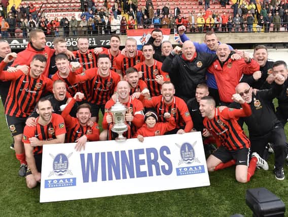 East Belfast celebrate their Steel and Sons Cup final success