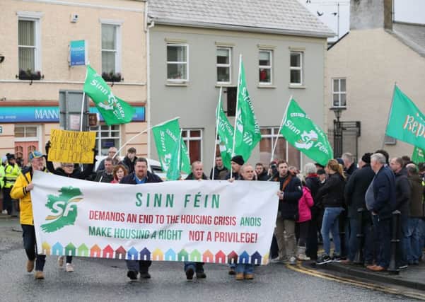 Sinn Fein have been outspoken over the evictions in Strokestown, Co Roscommon, as above at a protest in the town against the handling of a high-profile eviction of the McGann  family. Photo: Brian Lawless/PA Wire