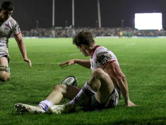 Ulster winger Angus Kernohan scores a try against Connacht