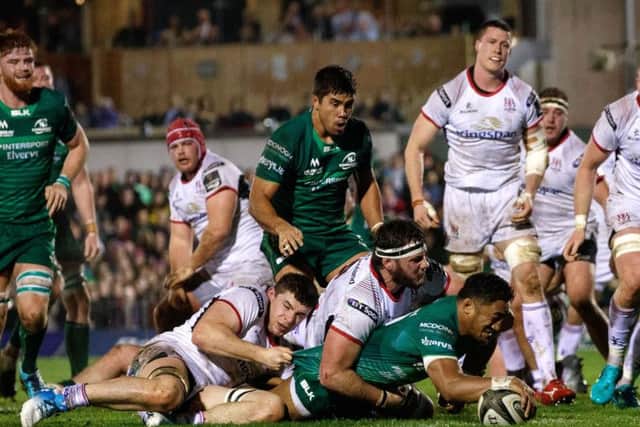 Connacht's Bundee Aki goes over for a try against Ulster