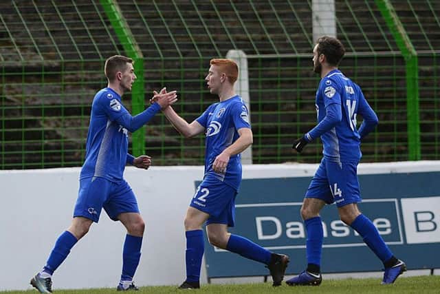 Dungannon's Daniel Hughes pictured after scoring in the win over Glentoran at the Oval