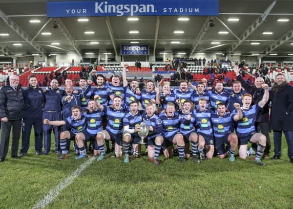 Adam McGregor and his Dromore team celebrate winning the 2019 MMW Ulster Junior Cup Final after beating Ballynahinch II in the final