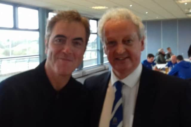 Eddie Drury in  his role as Commercial Director at Glenavon FC with actor James Nesbitt