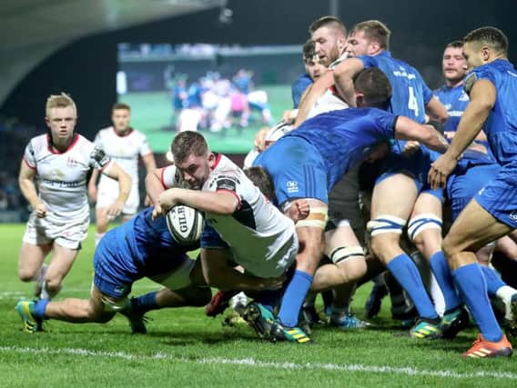 Adam McBurney goes over for Ulster's solitary try in the loss to Leinster