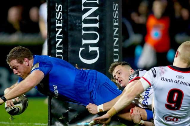 Leinster's Sean O'Brien goes over for the second of his two tries against Ulster