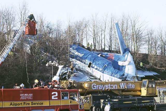 British Midland Flight 92 crashed onto the embankment of the M1 motorway near Kegworth. Forty-seven people died in the disaster and more than 70 were badly injured