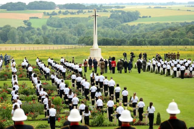 A view of the wreath laying ceremony during the Commemoration of the Centenary of the Battle of the Somme at the Commonwealth War Graves Commission Thiepval Memorial in Thiepval, France, where 70,000 British and Commonwealth soldiers with no known grave are commemorated. PRESS ASSOCIATION Photo. Picture date: Friday July 01, 2016. See PA story HERITAGE Somme. Photo credit should read: Chris Radburn/PA Wire
