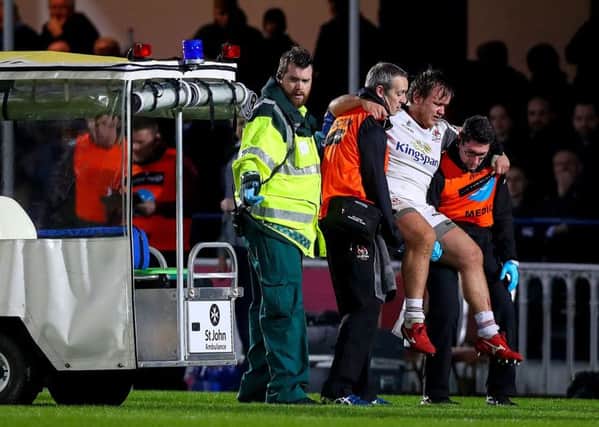 Ulster's Kyle McCall leaves the field injured during the Leinster match
