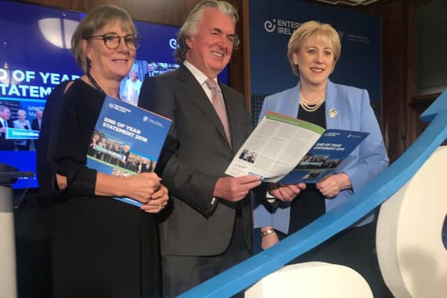 CEO of Enterprise Ireland Julie Sinnamon (left), chairman of Enterprise Ireland Terence O'Rourke and Minister for Business Heather Humphreys at the annual end of year statement report. Pic by Cate McCurry/PA Wire