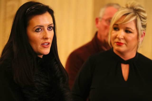 Sinn Fein northern leader Michelle O'Neill (right) with Mid and East Antrim  Cllr Patrice Hardy