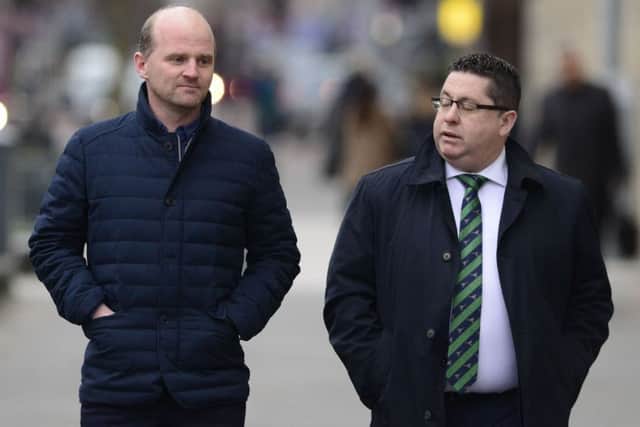 Cliftonville FC manager Barry Gray (left) and club chairman Gerard Lawlor arriving at Belfast court for an earlier hearing in the Jay Donnelly case.  
Picture: Arthur Allison/Pacemaker Press