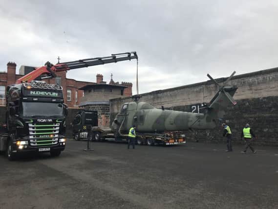 The Wessex helicopter is manoeuvred into position at Crumlin Road Gaol