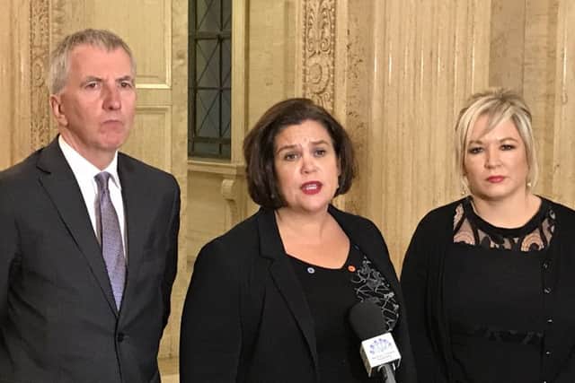 Sinn Fein MLA Mairtin O Muilleoir, party president Mary Lou McDonald and vice president Michelle O'Neill at Stormont. Pic: Rebecca Black/PA Wire