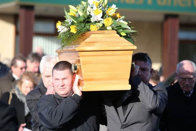 The funeral of Eddie Girvan at Mulholland's funeral home in Carrickfergus.  The 67-year-old father of two was stabbed to death at his home Greenisland. 

Picture by Jonathan Porter/PressEye