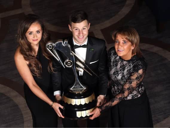 World Superbike champion Jonathan Rea, who won the Cornmarket Irish Motorcyclist of the Year award for the fourth successive time, pictured with William Dunlops partner Janine and mum Louise.