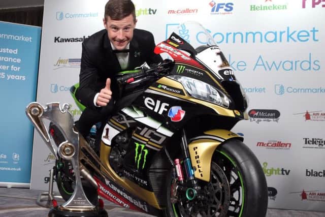 Four-time World Superbike champion Jonathan Rea with the Cornmarket Irish Motorcyclist of the Year trophy.