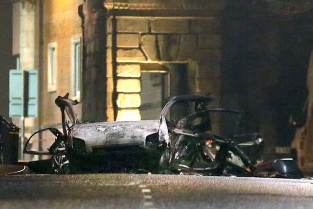 The scene of the suspected car bomb attack on Bishop Street in Londonderry. Pic by Steven McAuley/PA Wire