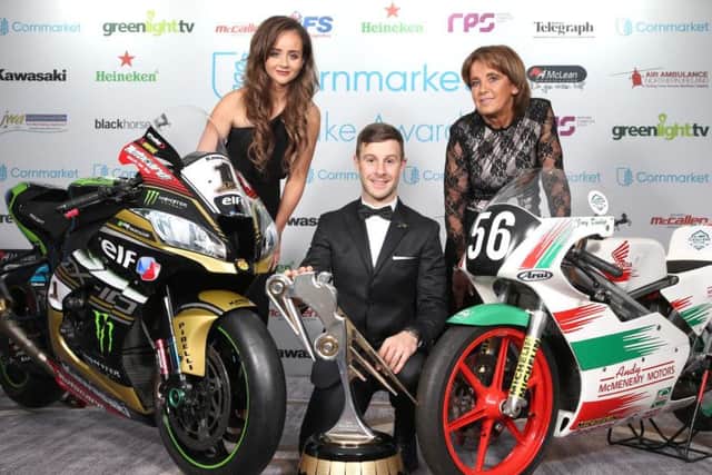 Janine Brolly and Louise Dunlop with World Superbike champion Jonathan Rea, who was crowned the Irish Motorcyclist of the Year at the Cornmarket Motorbike Awards.
