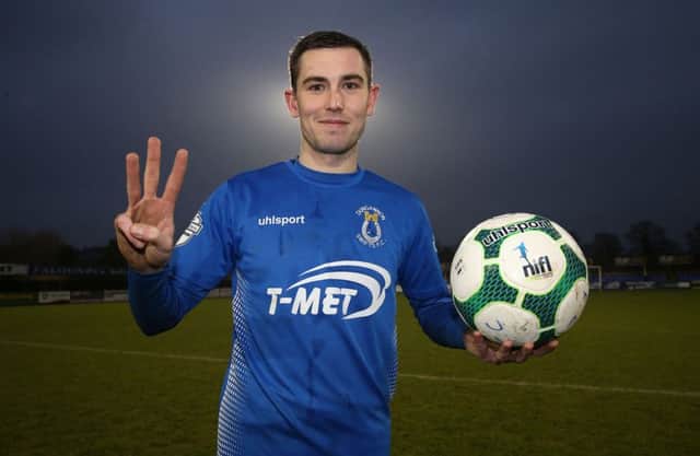 Dungannon Swifts' Daniel Hughes celebrates his hat-trick.
Photograph by INPHO/Brian Little