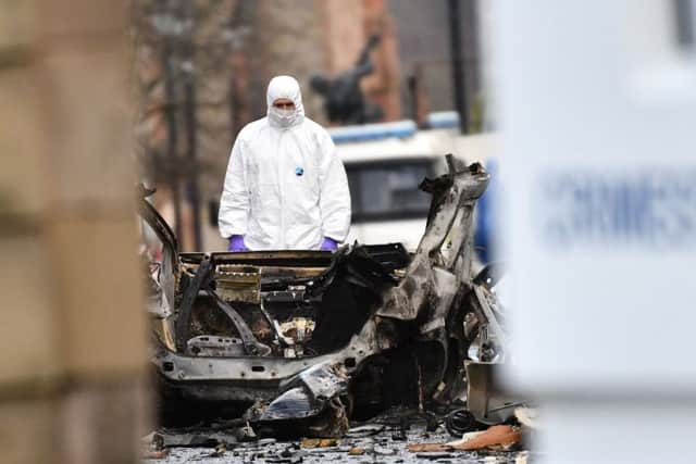 PACEMAKER BELFAST  20/01/2019
Forensic officers at the scene the bomb attack in Londonderry.
Photo Colm Lenaghan/Pacemaker Press