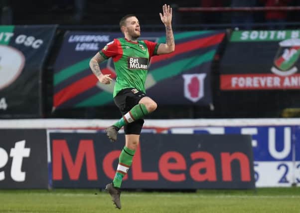 Glentoran striker Darren Murray celebrates his goal against Newry City AFC. Pic by Pacemaker.
