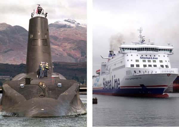 Trident nuclear submarine in 2002, and a Stenaline Superfast VII ferry