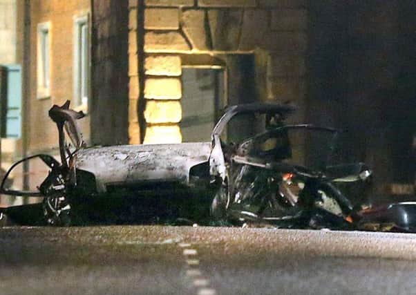The wreckage of the car that was used in Saturday nights attack in Londonderry city centre
