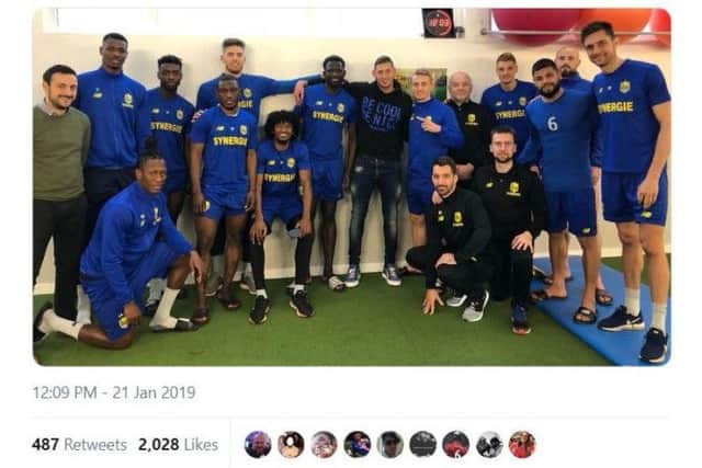 Screengrab taken from the Twitter account of Cardiff City new signing Emiliano Sala as he poses for a photo with former Nantes team-mates, with the caption reading: The final [heart emoji] goodbye @FCNantes..