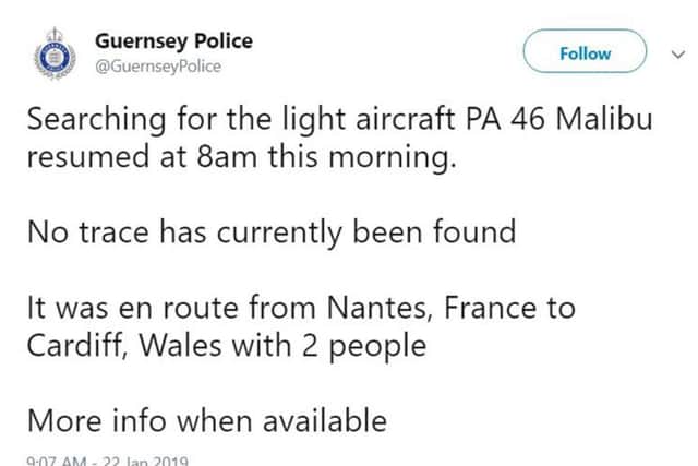 Screengrab taken from the Twitter account of Guernsey Police after a light aircraft en route from Nantes to Cardiff with two people went missing yesterday evening