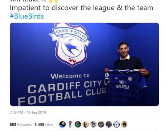 Screengrab taken from the Twitter account of Emiliano Sala after signing a three-year-deal for Premier League side Cardiff City from Nantes