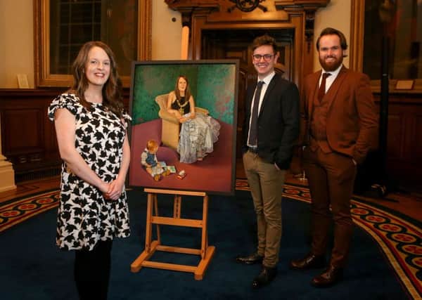 Former Belfast Lord Mayor Councillor Nuala McAllister unveiled her official portrait at City Hall on Tuesday evening alongside artists Daniel Nelis and Jamie Baird. It's the first time two artists have collaborated on an official mayoral portrait. Photo by Matt Mackey / Press Eye.