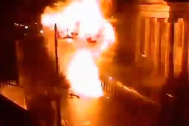 CCTV image showing the fireball after the detonation of a car bomb outside the courthouse on Bishop Street, Londonderry on Saturday