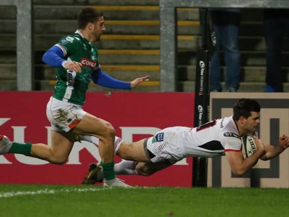 Ulster's Louis Ludik goes over for a try in the first minute of the PRO14 game against Benetton