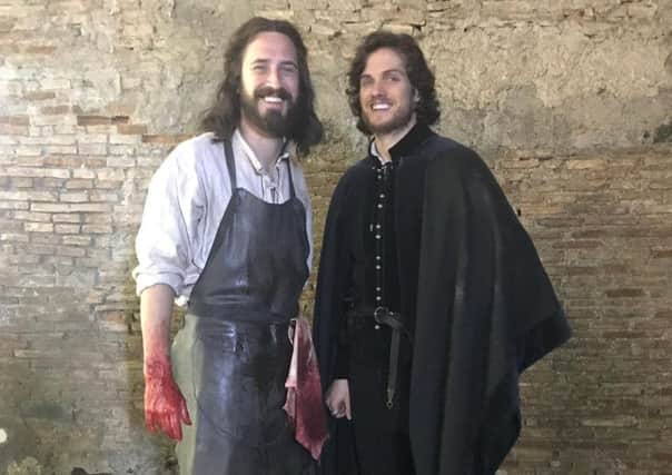 Stephen Hagan (left), who plays Leonardo Da Vinci in Netflix Medici Series 3, with Daniel Sharman, who plays Lorenzo de Medici