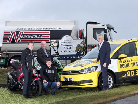 International North West 200 Event Director, Mervyn Whyte is joined by new title sponsors William McCausland of fonaCAB and Gary Nicholl of Nicholl Oils, and leading rider Adam McLean (McAdoo Racing).