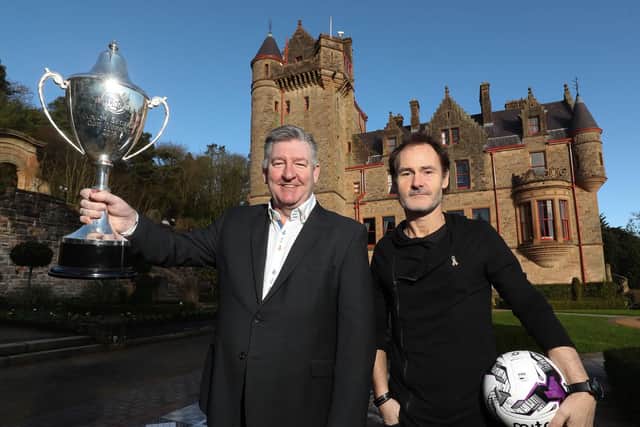 Northern Ireland football legend Norman Whiteside and Alan Clarke CEO STATSports pictured at the announcement of the new SupercupNI headline sponsor, STATSports at Belfast Castle.  Photo by William Cherry/Presseye