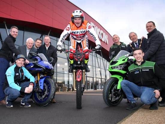 Show Promoters Marty & Billy Nutt, Mark McCully (Charles Hurst), Adrian Fegan (Crossans), Lawrence Ferguson (Motoplus), Mayor of Lisburn and Castlereagh City Council Uel Mackin, Philip McCallen (McCallen Motorcycles), Riders- Euan McGlinchey and Alastair Seeley