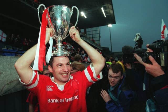 Rugby European Cup Final 30/1/1999
David Humphreys of Ulster celebrates with the European cup
© INPHO/Billy Stickland