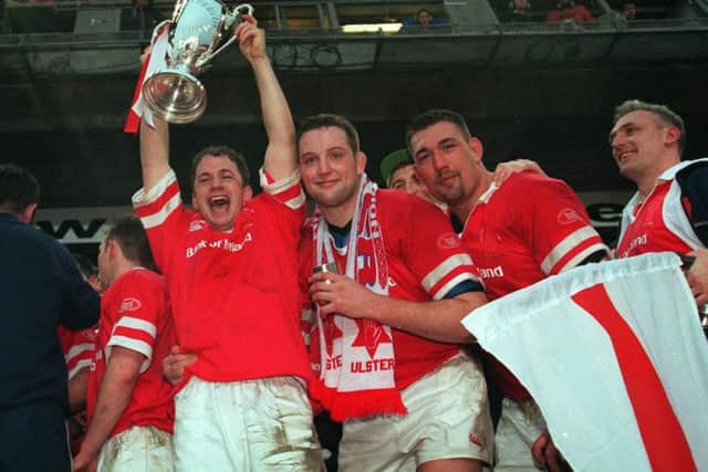 Rugby European Cup Final 30/1/1999
Ulster players celebrate with trophy David Humphreys, Mark Blair and Justin Fitzpatrick
© INPHO/Billy Stickland