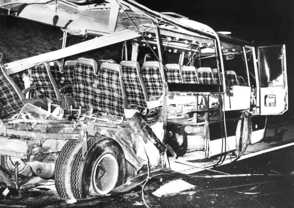 The remains of the civilian coach after it was torn apart by the IRA bomb on the M62 near Bradford in 1974. Twelve people were killed, including a family of four, and at least another twelve were seriously injured.
(Photo by Central Press/Hulton Archive/Getty Images)